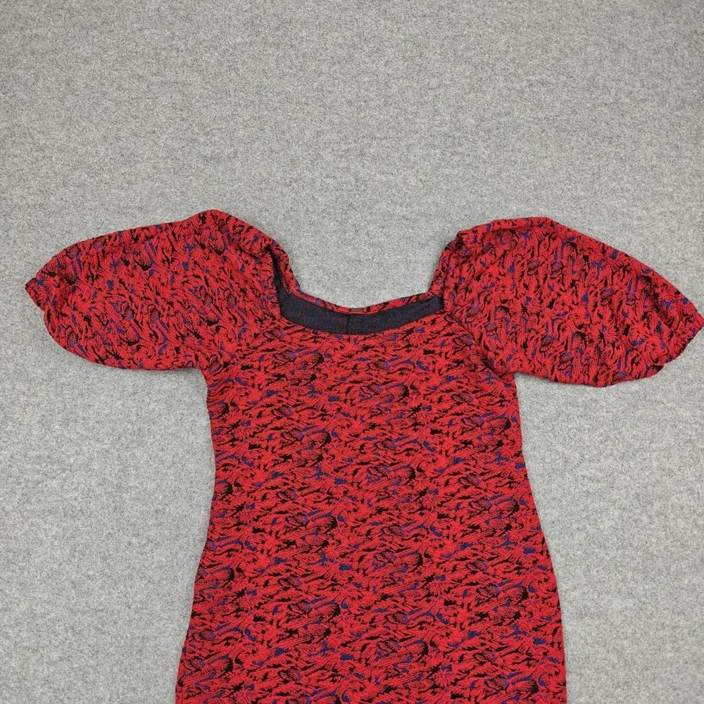 Free‎ People Sunset Dress Womens Small Red Jacquard Puff Sleeve Bodycon Mini